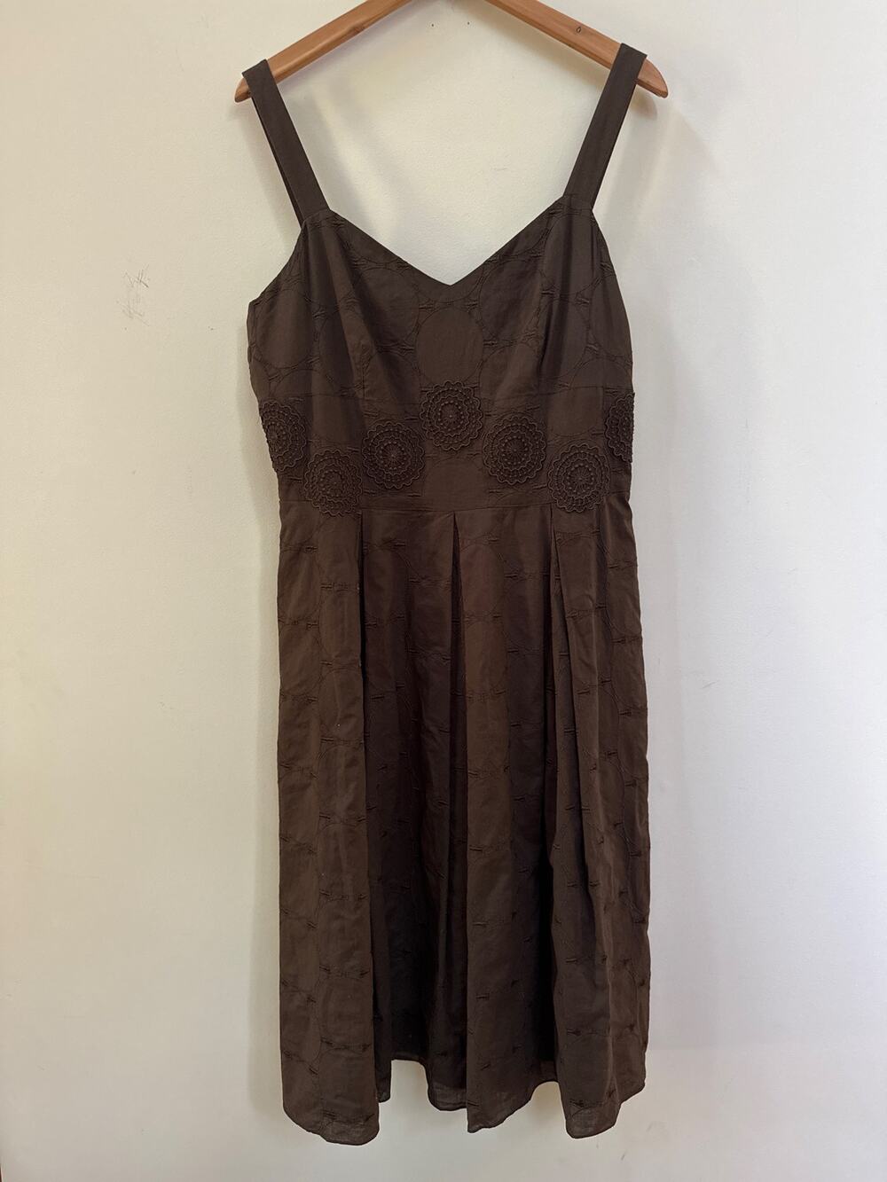 Talbots Vintage Strapless Brown Embroidered Dress Y2K Neutral Cotton Size 14
